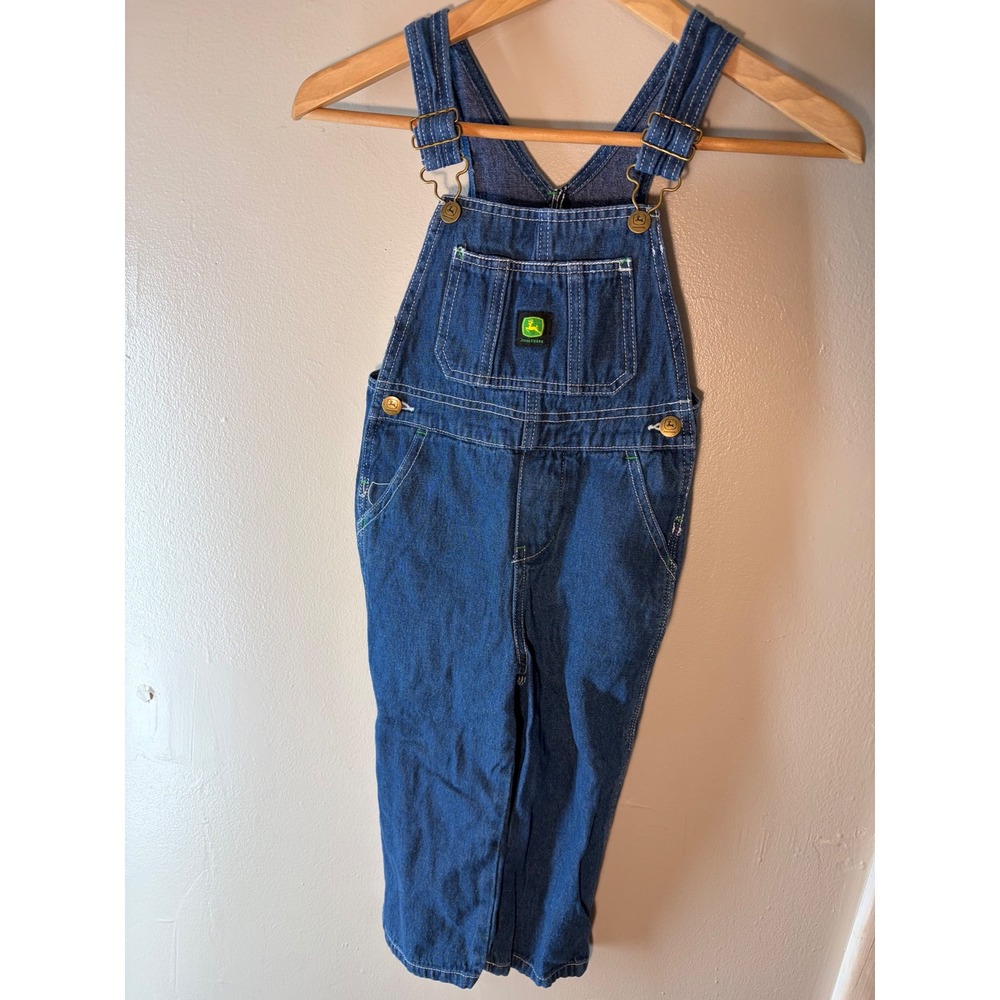 John Deere Kids Blue Denim Bib Overalls Logo Patch Adjustable Straps Size 4T